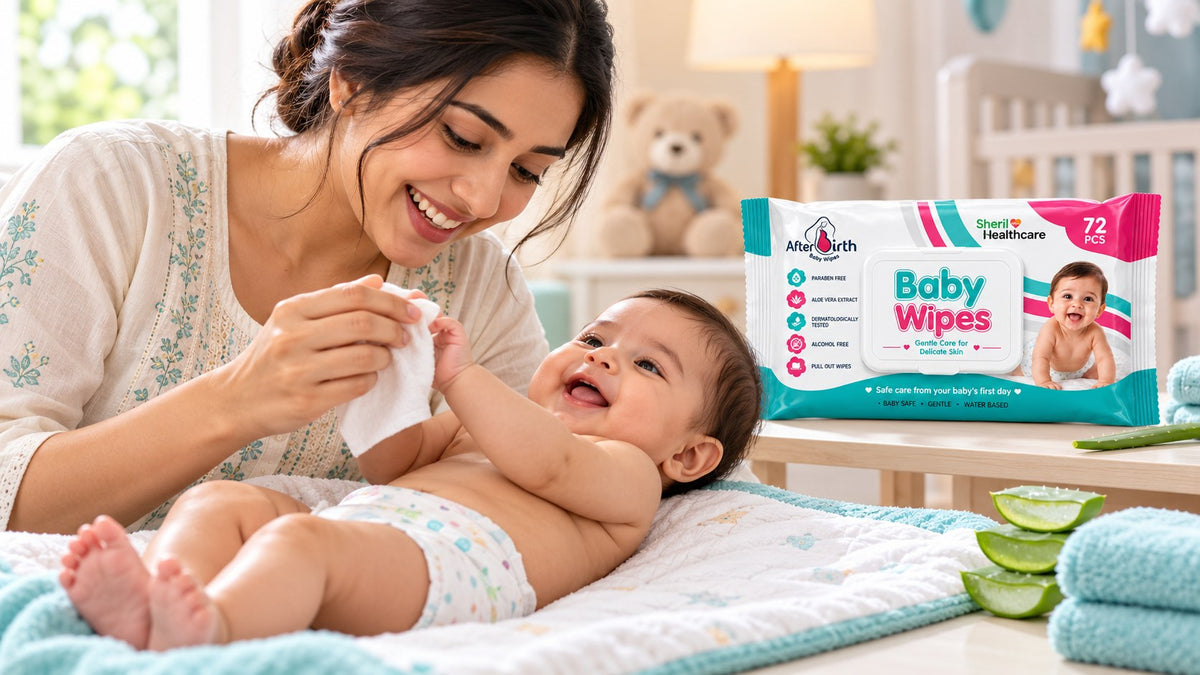 Mother gently wiping her newborn with AfterBirth Baby Wipes by Sheril Healthcare – paraben-free, alcohol-free with aloe vera