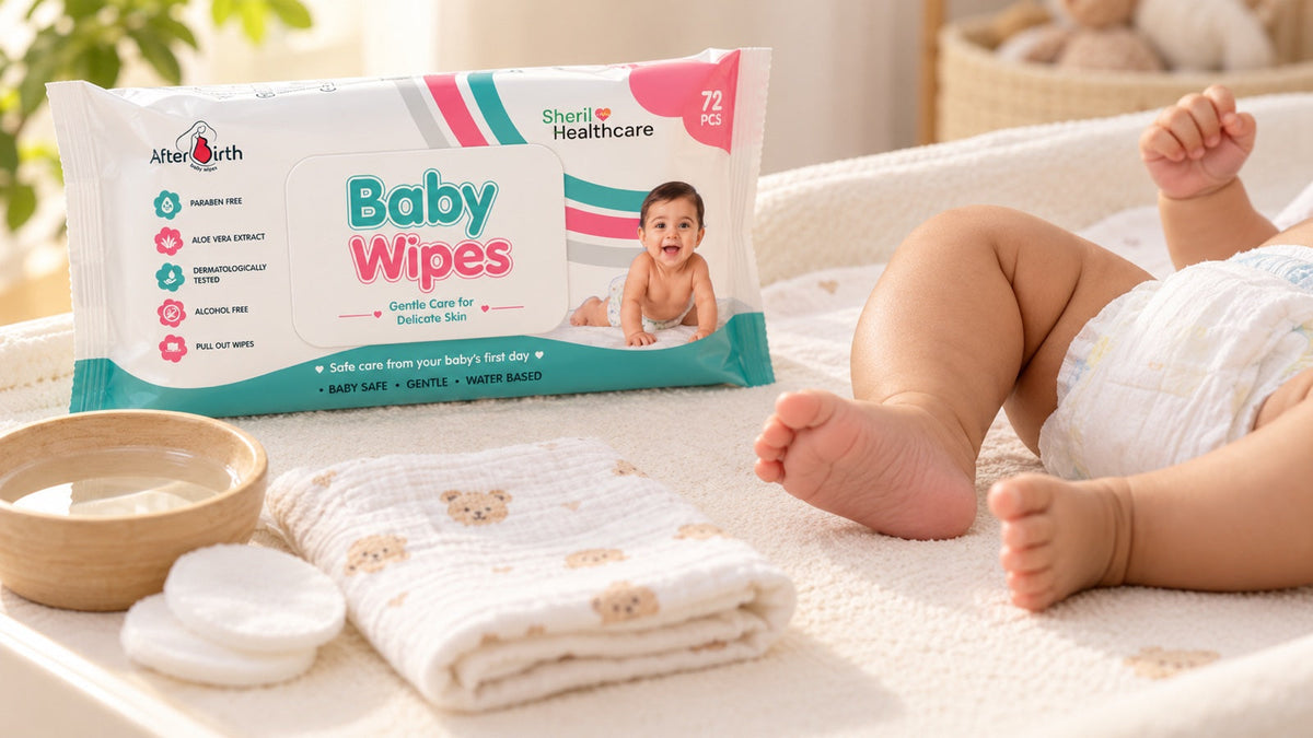 AfterBirth Baby Wipes beside cotton pads and water on a baby changing mat, for gentle cleaning of sensitive skin