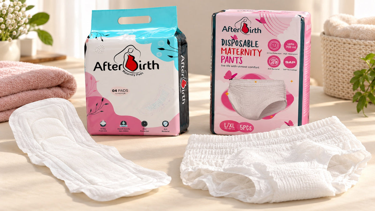 AfterBirth Maternity Pads and AfterBirth Disposable Maternity Pants packs with a maternity pad and pull-up pant