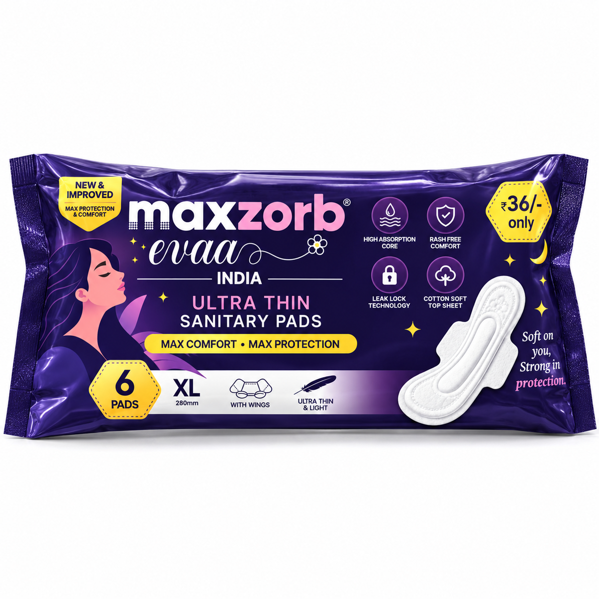 Maxzorb Evaa ultra thin XL sanitary pads with wings – pack front view