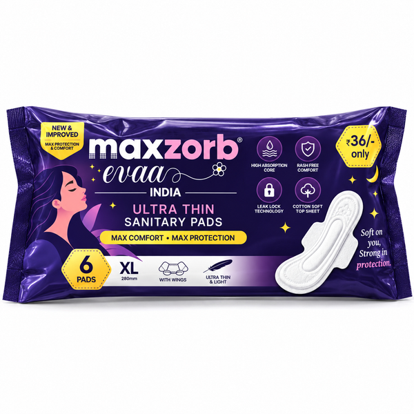 Maxzorb Evaa ultra thin XL sanitary pads with wings – pack front view