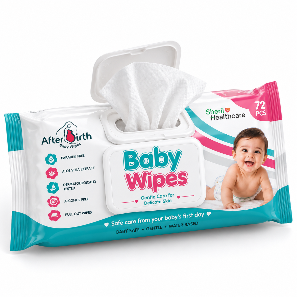 AfterBirth baby wipes 72 pcs with 99% water – with lid open