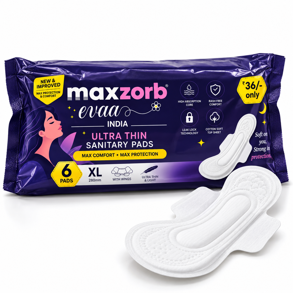 Maxzorb Evaa ultra thin XL sanitary pads with wings – pack with pad