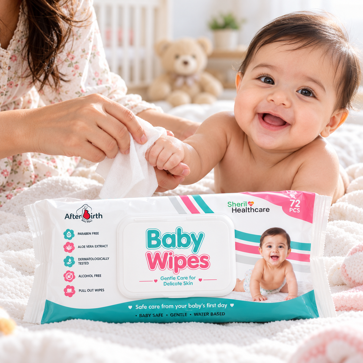 AfterBirth baby wipes 72 pcs with 99% water – being used on a baby