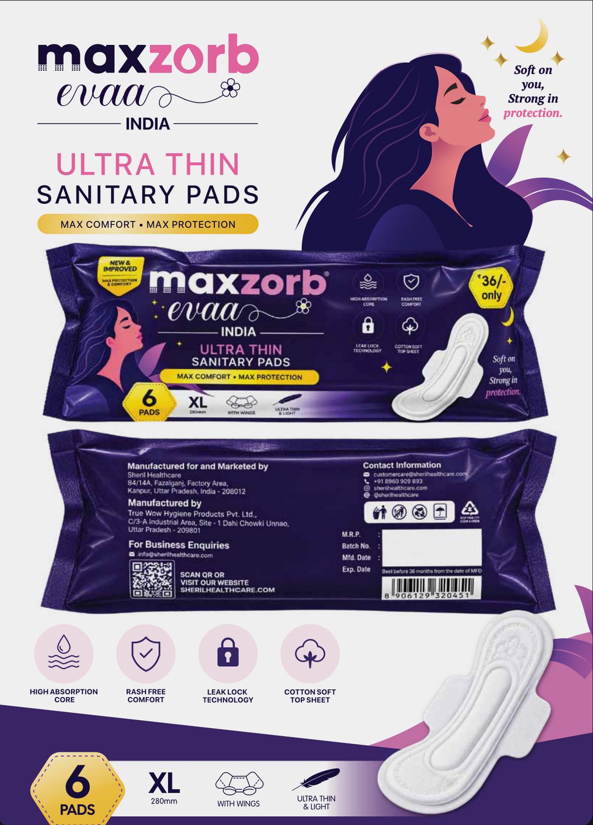 Maxzorb Evaa ultra thin XL sanitary pads with wings – product brochure