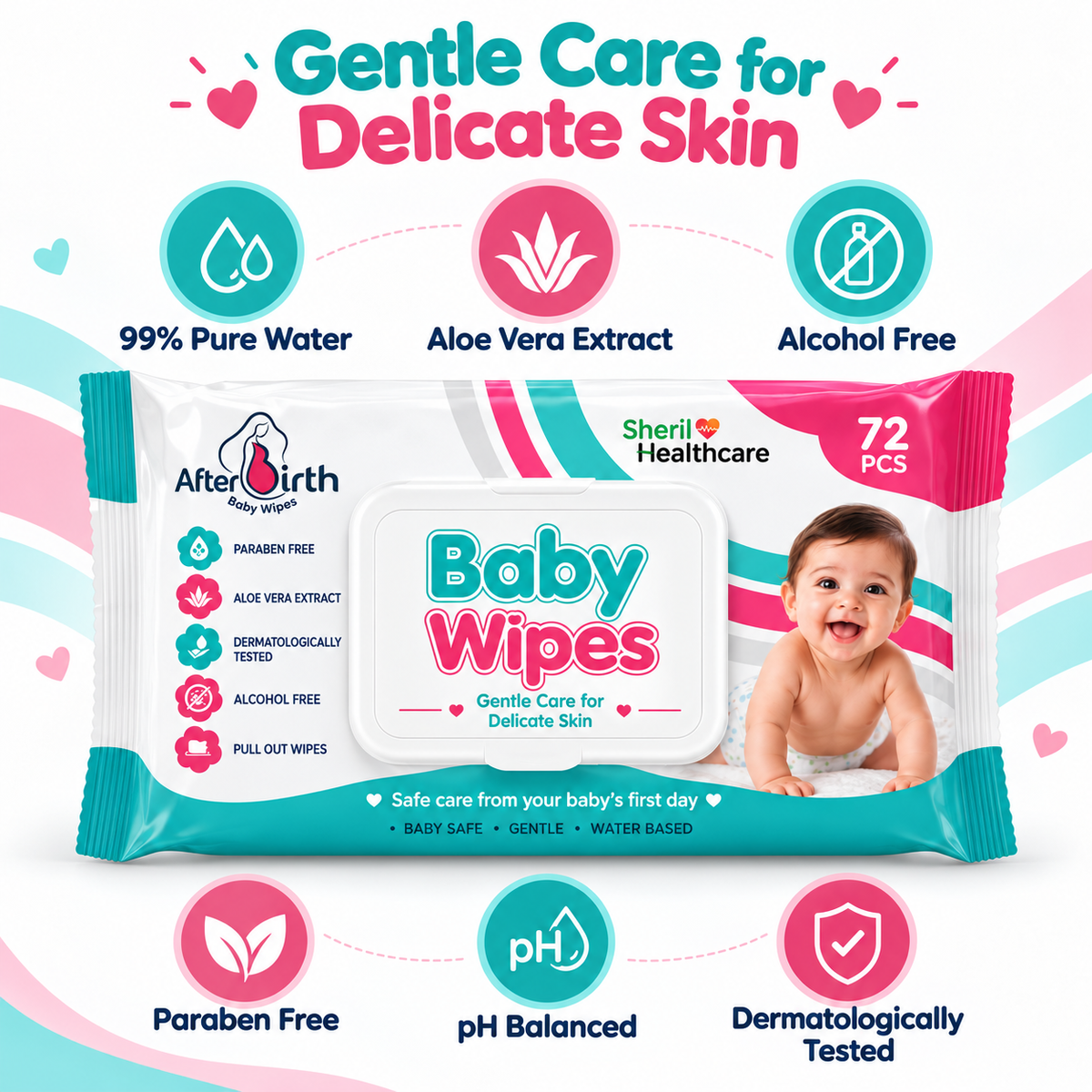 AfterBirth baby wipes 72 pcs with 99% water – key features infographic