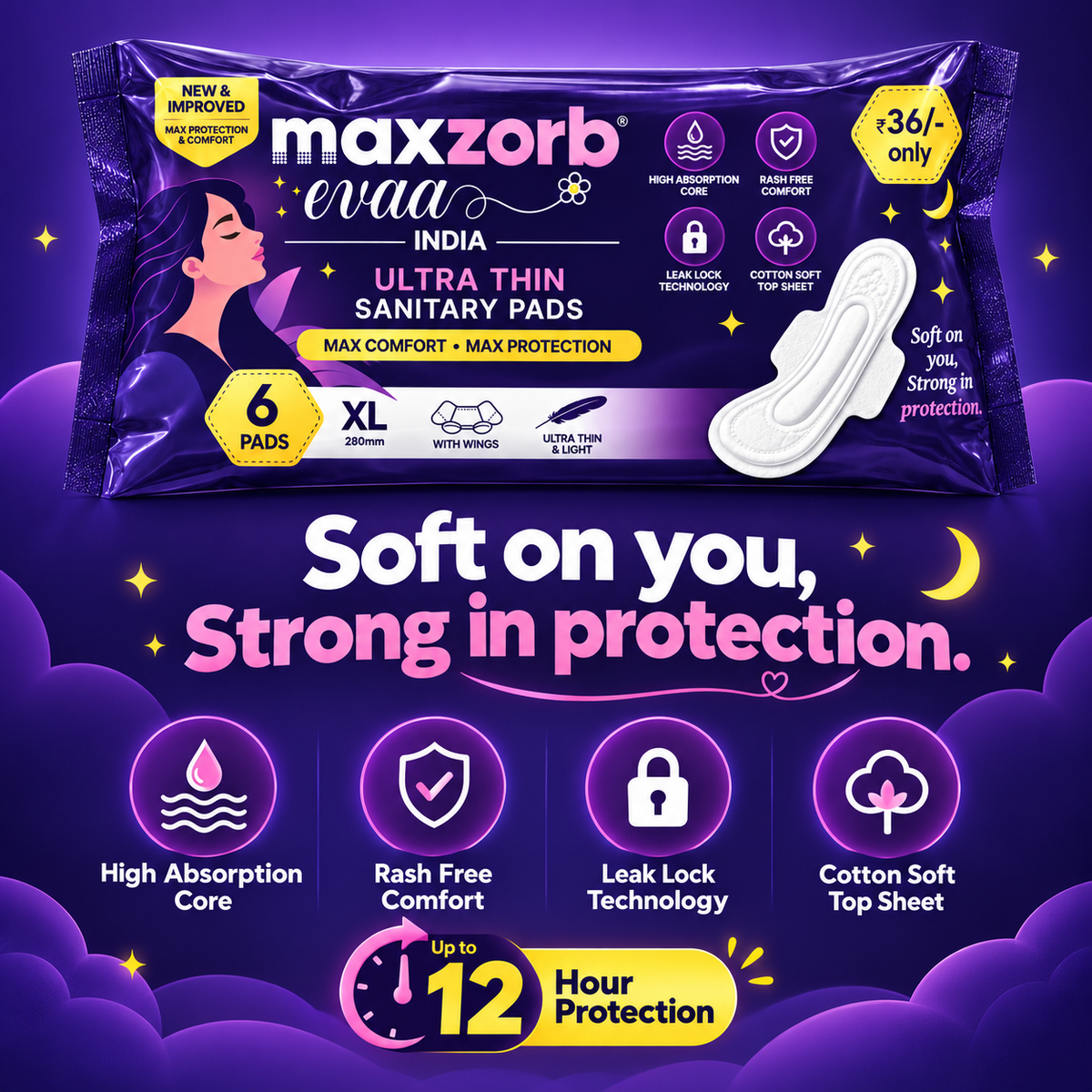 Maxzorb Evaa ultra thin XL sanitary pads with wings – key features infographic