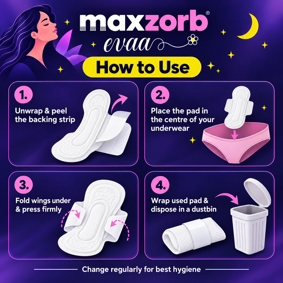 Maxzorb Evaa ultra thin XL sanitary pads with wings – how to use guide