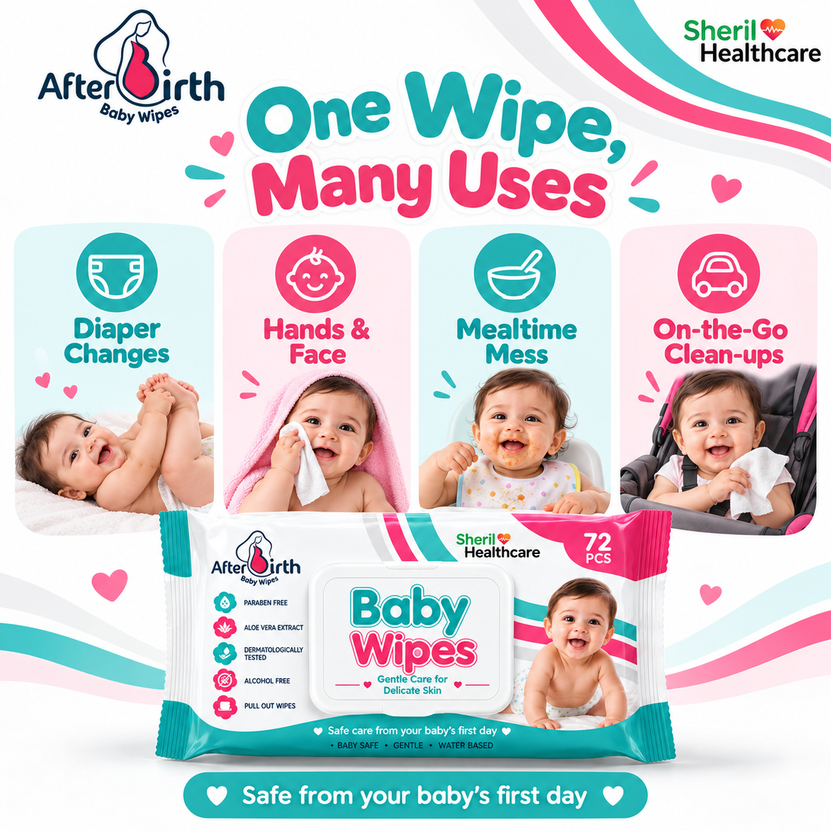 AfterBirth baby wipes 72 pcs with 99% water – uses infographic