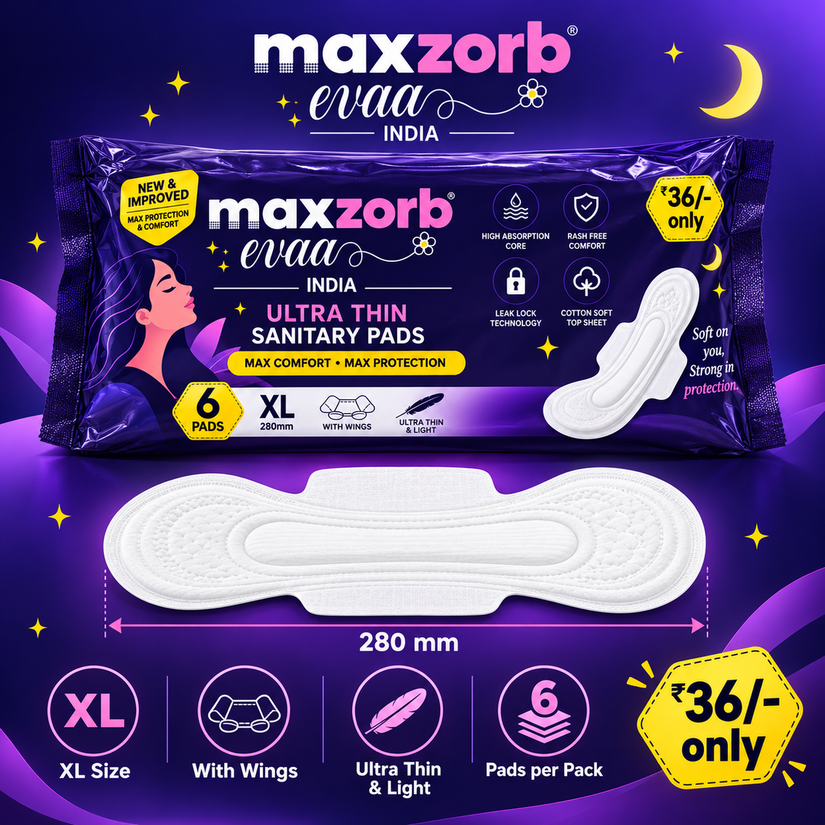 Maxzorb Evaa ultra thin XL sanitary pads with wings – size and specifications